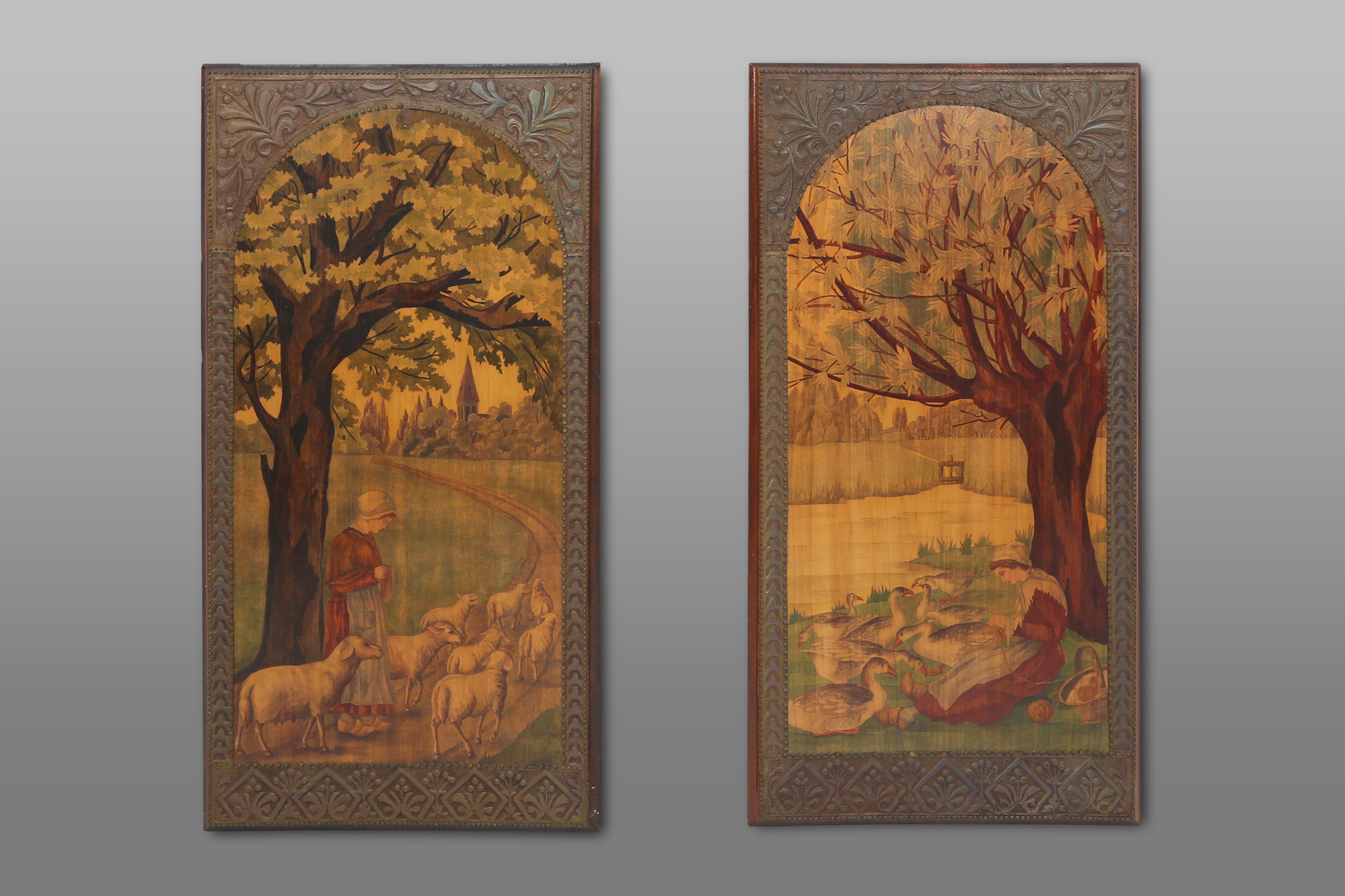 Art Nouveau triptych with mirror and 2 panels in painted wood marquetry, France ca. 1910thumbnail